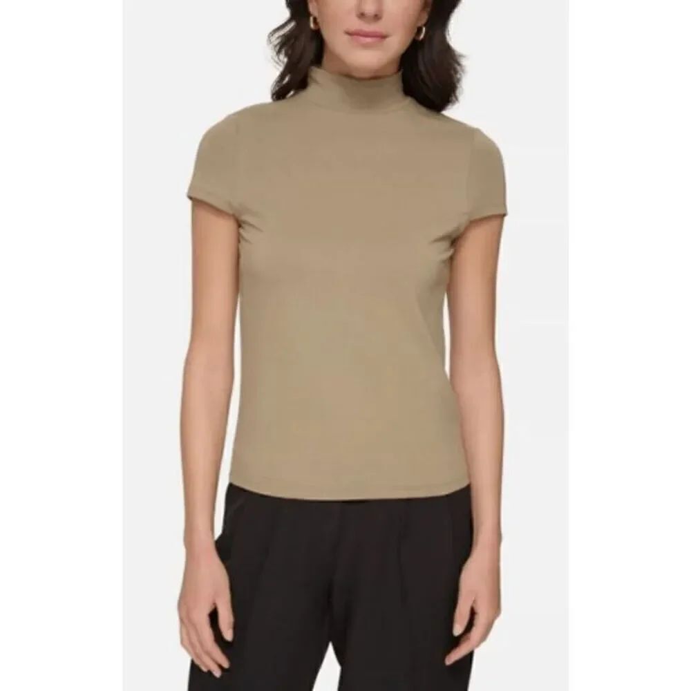 NWT DKNY Cap Sleeve Mock Neck Top Women's M Light Fatigue L